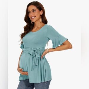 WOOXIO Maternity Wrap Tie Front Ruffle Peplum Top